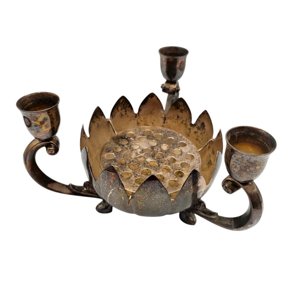 Vintage Silver Plate 3 Candle Flower Holder & Removable Flower Frog by Leonard